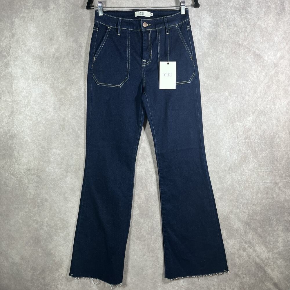 VICI Jeans Womens 26 Dark Blue High Rise Flare Raw Hem Stretch Denim Pants NEW